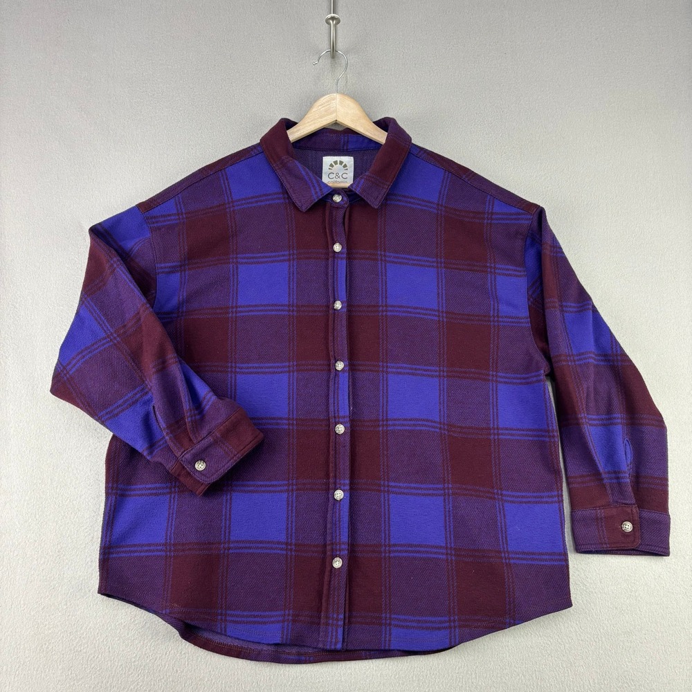 C&C California Plaid Flannel Button Up Shirt Womens L Purple Casual Oversized